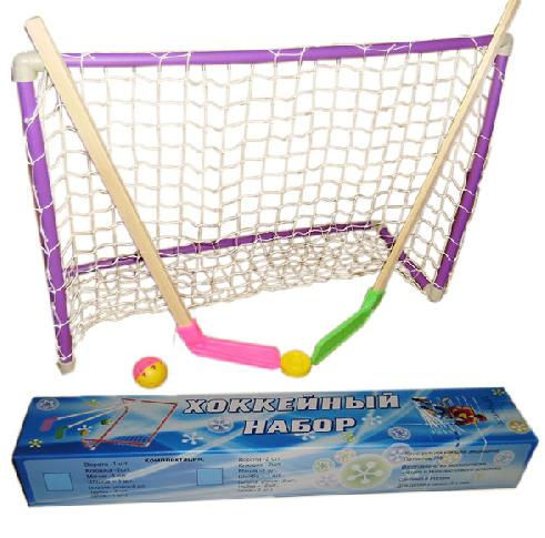 Хоккейный набор (2 клюшки+2 ворот с сеткой+шайба+мячик) в коробке
